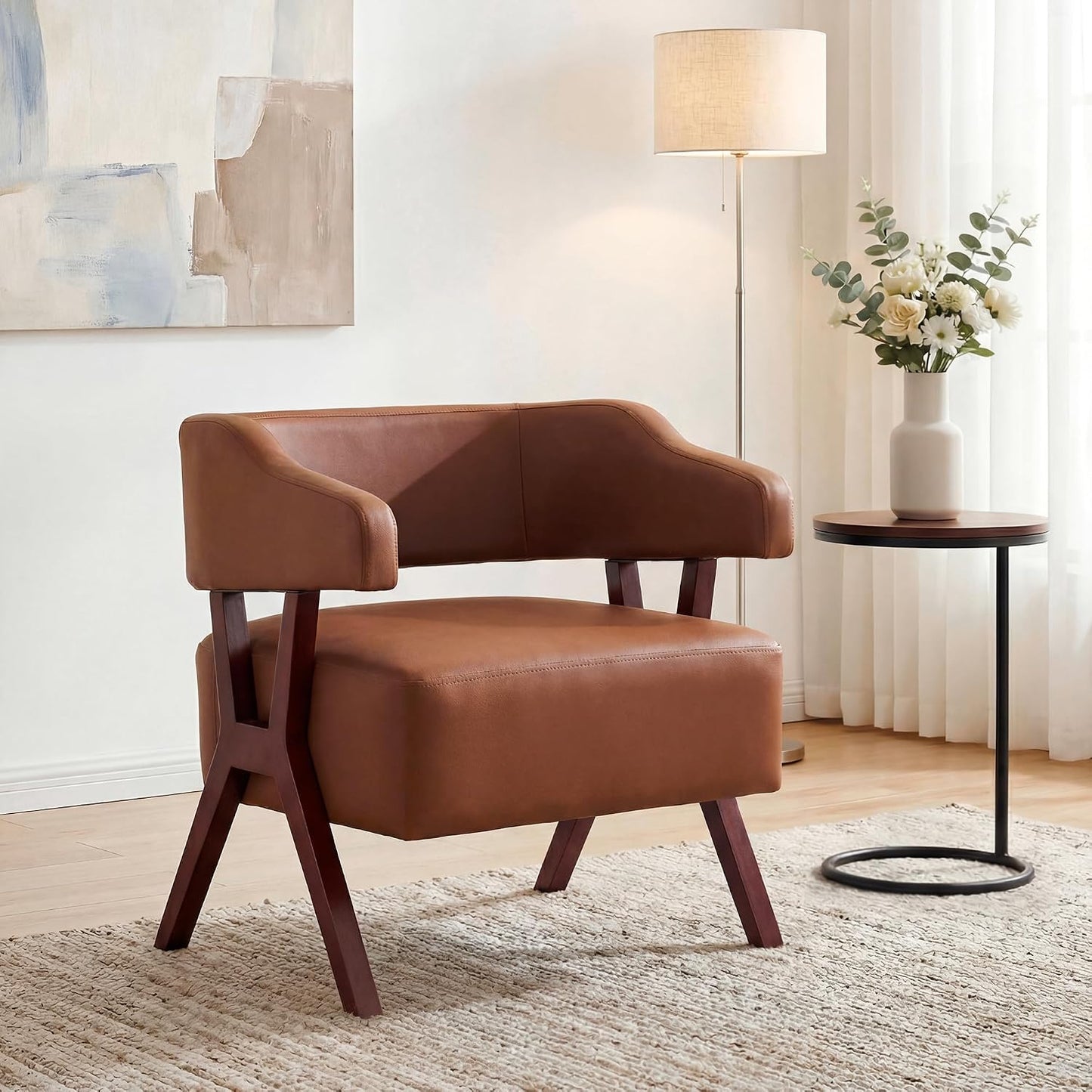 STHOUYN Faux Leather Barrel Accent Chair with Solid Wood Frame (Brown,1),  Mid-Century Modern, Wraparound Back, Reading, Living Room, Office, Bedroom, Dorm