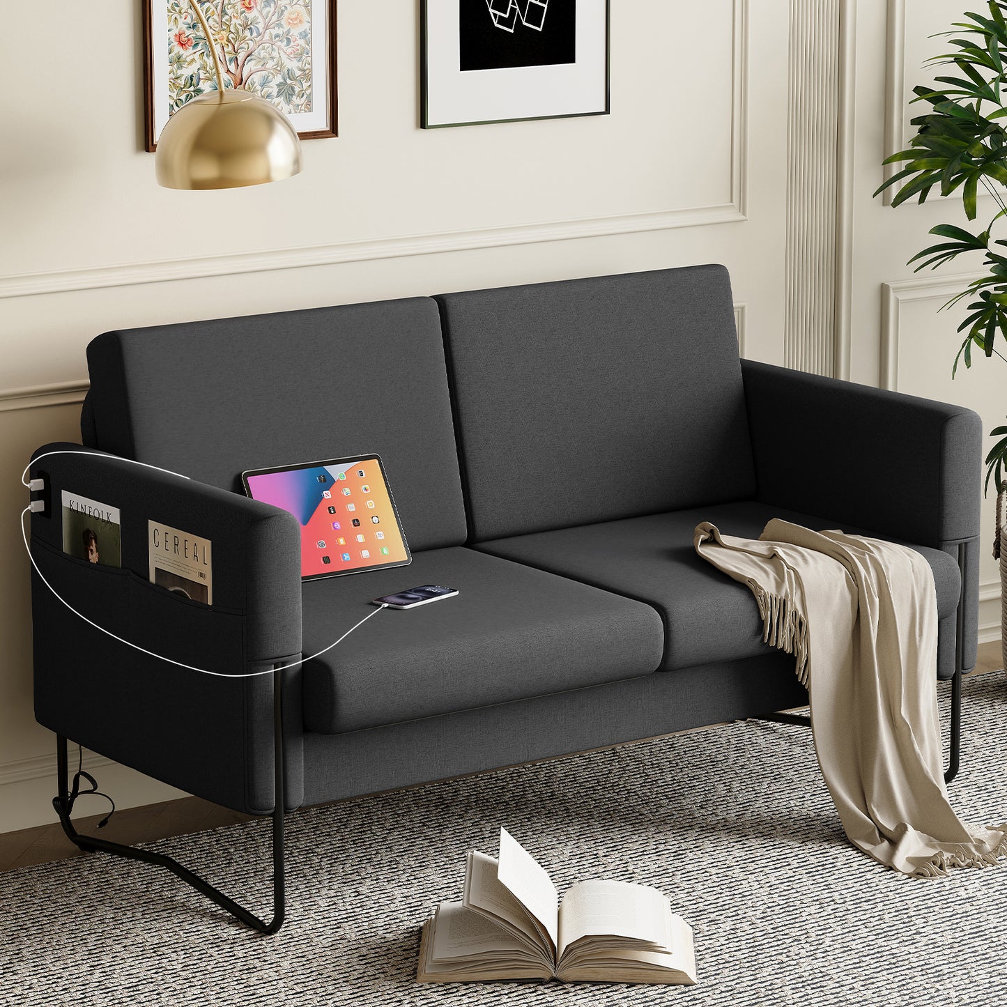 STHOUYN Small Black Love Seat Couches with USB Port & Side Pocket, Small Loveseat for Small Spaces, Mini Sofa for Bedroom, 2 Seater Office Couch (Black)