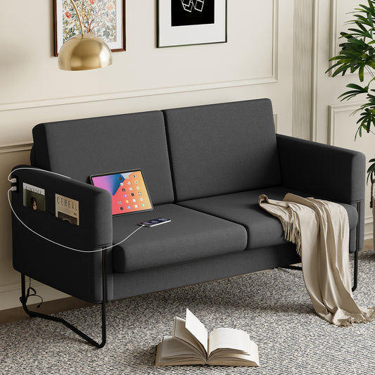 STHOUYN Small Black Love Seat Couches with USB Port & Side Pocket, Small Loveseat for Small Spaces, Mini Sofa for Bedroom, 2 Seater Office Couch (Black)