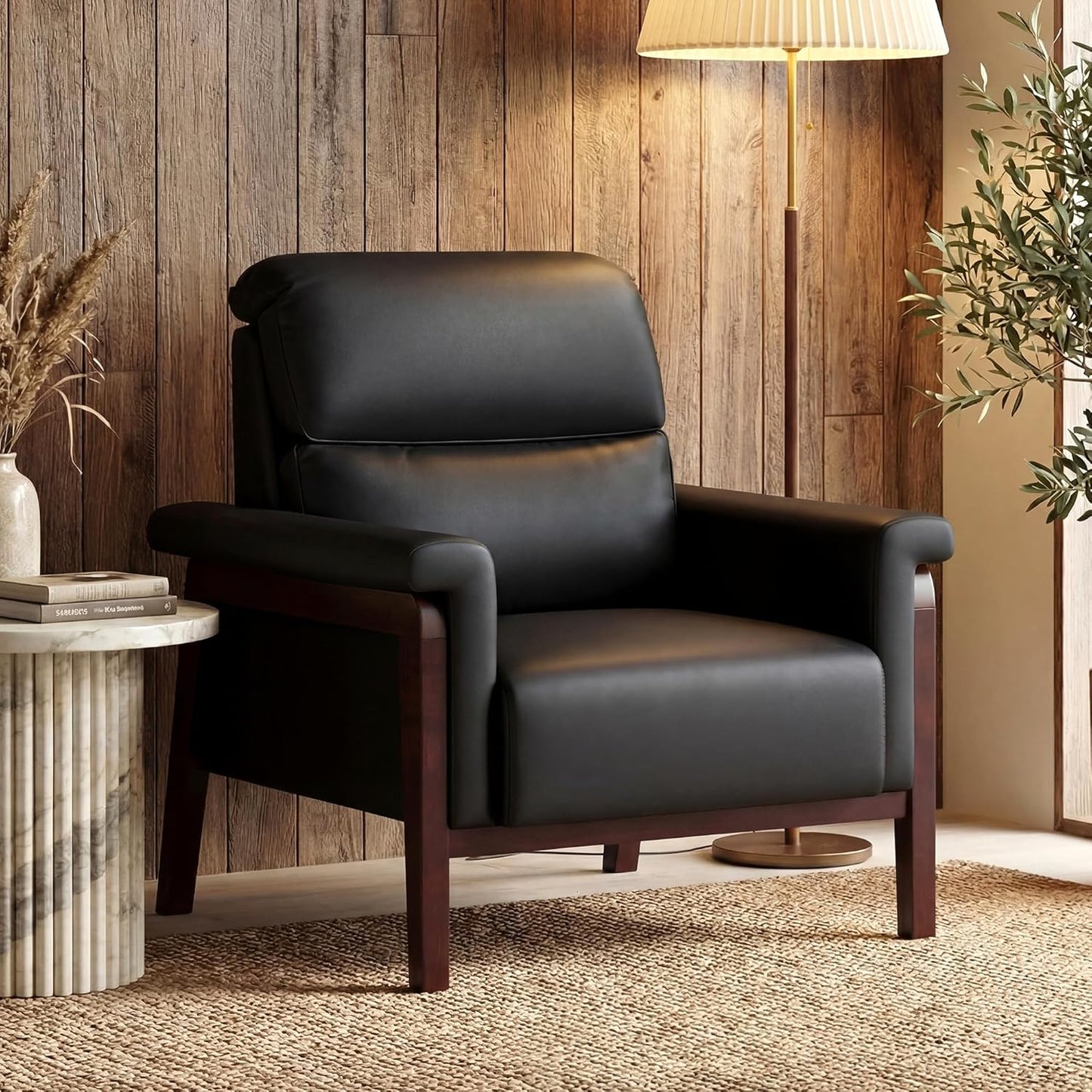 STHOUYN Oversized Leather Accent Chair, Mid Century Modern Office Arm Chair with Solid Wood Legs & High Backrest, Comfy Upholstered Side Sofa Chair for Living Room, Waiting Room, Bedroom (1, Black)