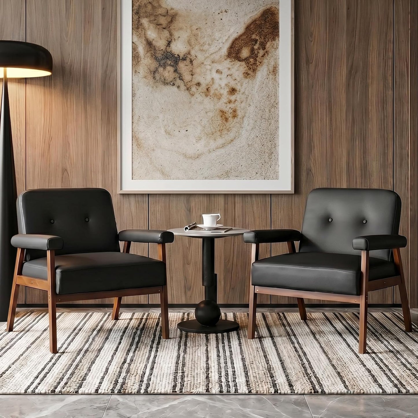 STHOUYN Accent Chairs Set of 2, Black Leather Chair with Wood Frame, Upholstered Tufted Reading Arm Chair, Mid-Century Modern Comfy Living Room Chair, Side Chairs for Living Room, Waiting Room (2)