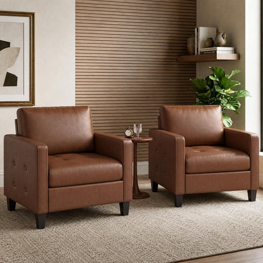 STHOUYN Accent Chairs Set of 2, Brown Faux Leather Chair, Mid-Century Modern Living Room Chairs, Cozy Office Reading Chair with Tufted Armrest and Seat, Armchairs for Waiting Room, Bedroom (2)