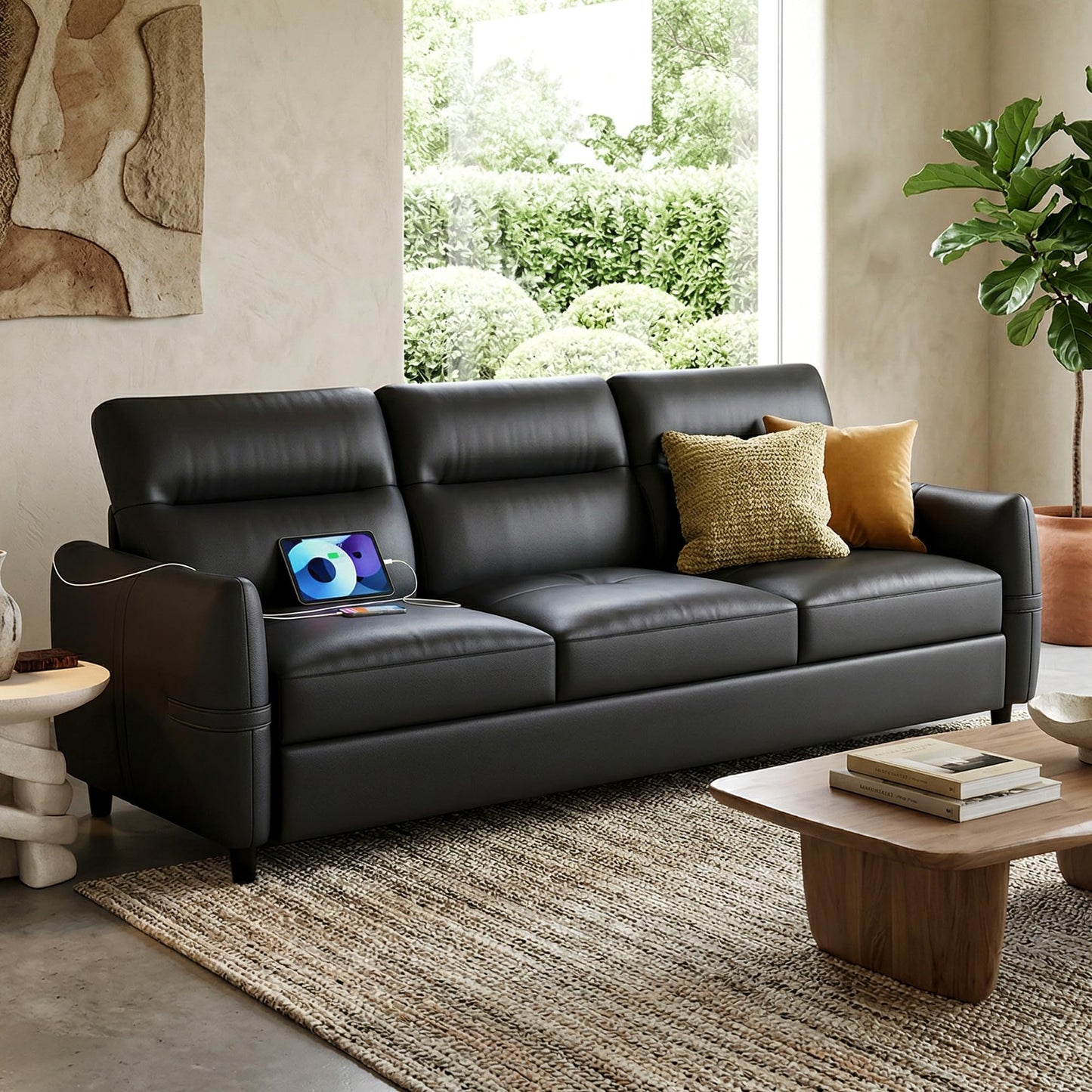85” Black Faux Leather Couch with USB, 3 Seater Couch for Living Room, Large Mid Century Modern Office Sofa for Apartment, Bedroom