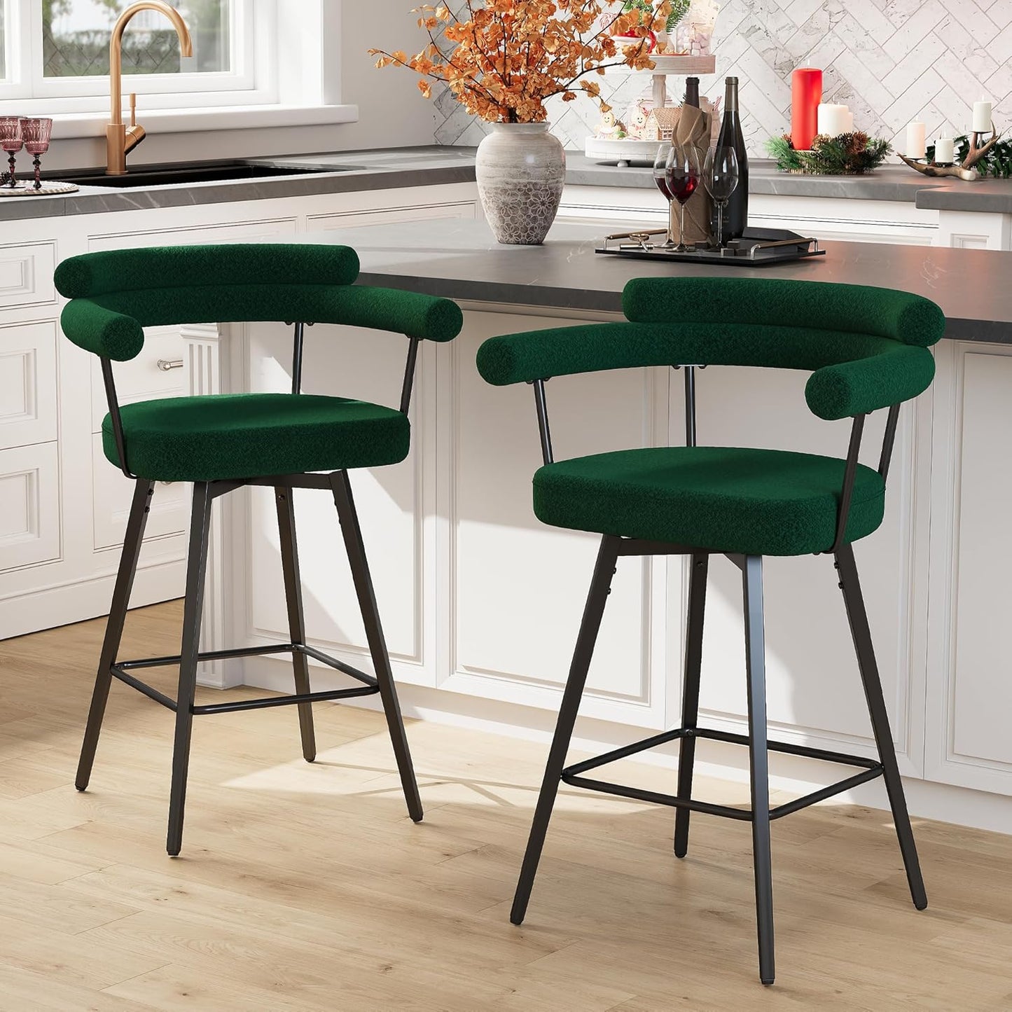 STHOUYN 26” Swivel Bar Stools Set of 2, Green Modern Boucle Counter Height Bar Stools with High Back and Metal Legs, Upholstered Bar Chairs Barstools for Kitchen Island, Dining Room (2, Green)
