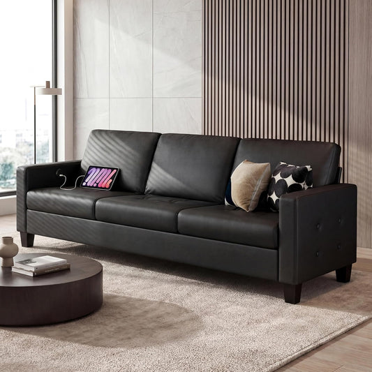 STHOUYN 73” Black Faux Leather Couch, Modern Comfy Office 3 Seater Sofa Couch with Tufted Armrest and USB, Small Love Seat Couches for Living Room, Apartment, Bedroom