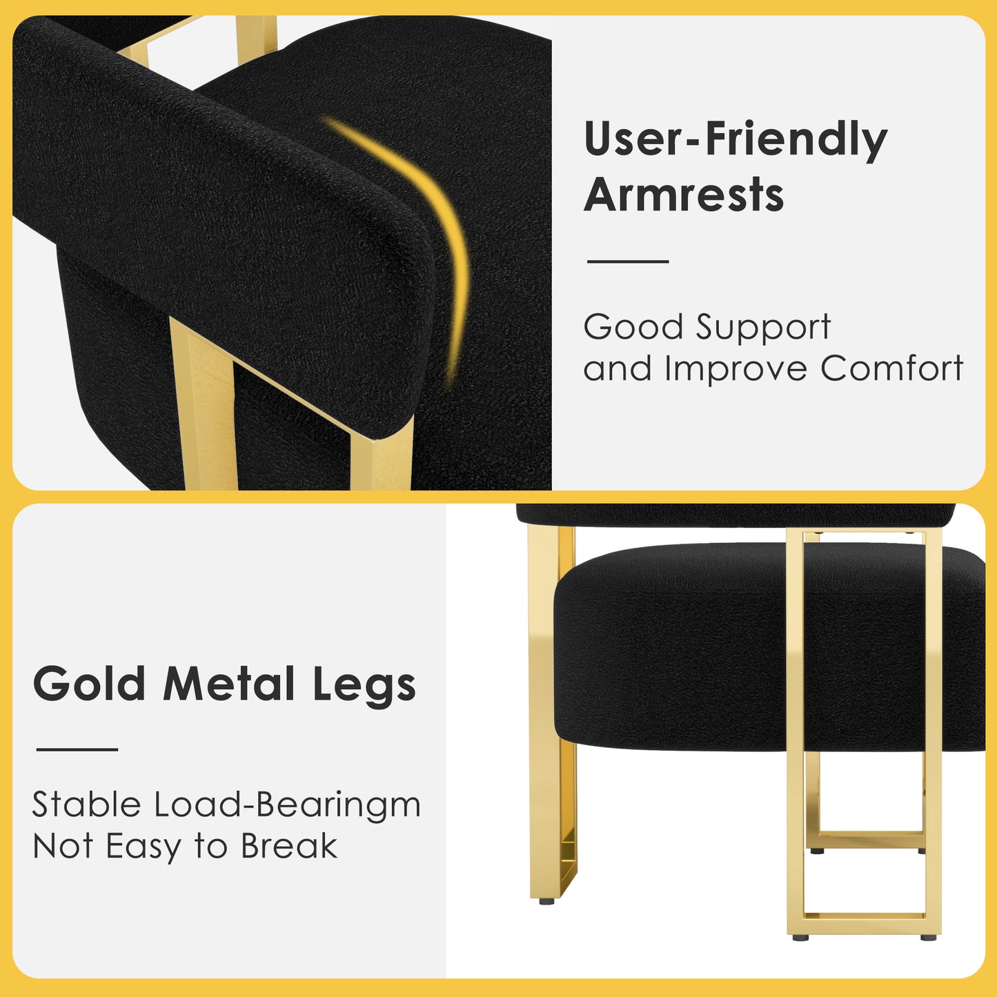 STHOUYN Modern Black Boucle Dining Chairs Set of 4 with Gold Metal Legs, Mid Century Barrel Kitchen Chairs Set, Upholstered Accent Armchairs Dining Room Set, Living Room, Apartment (Black, 4pcs)