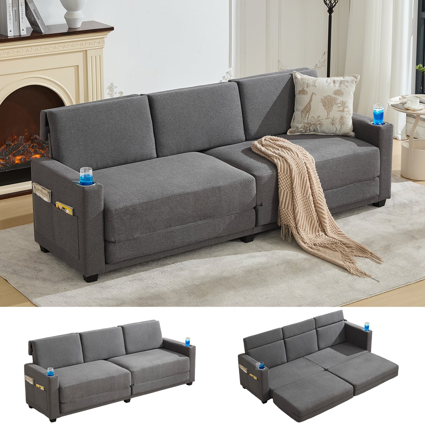 STHOUYN 89” Sleeper Sofa Bed, Grey 3 Seat Office Couch, Comfy Folding Pullout Floor Couch for Bedroom Living Room, Convertible Guest Bed with Cup Holders & Side Pockets, Modern Linen Fabric (Grey)