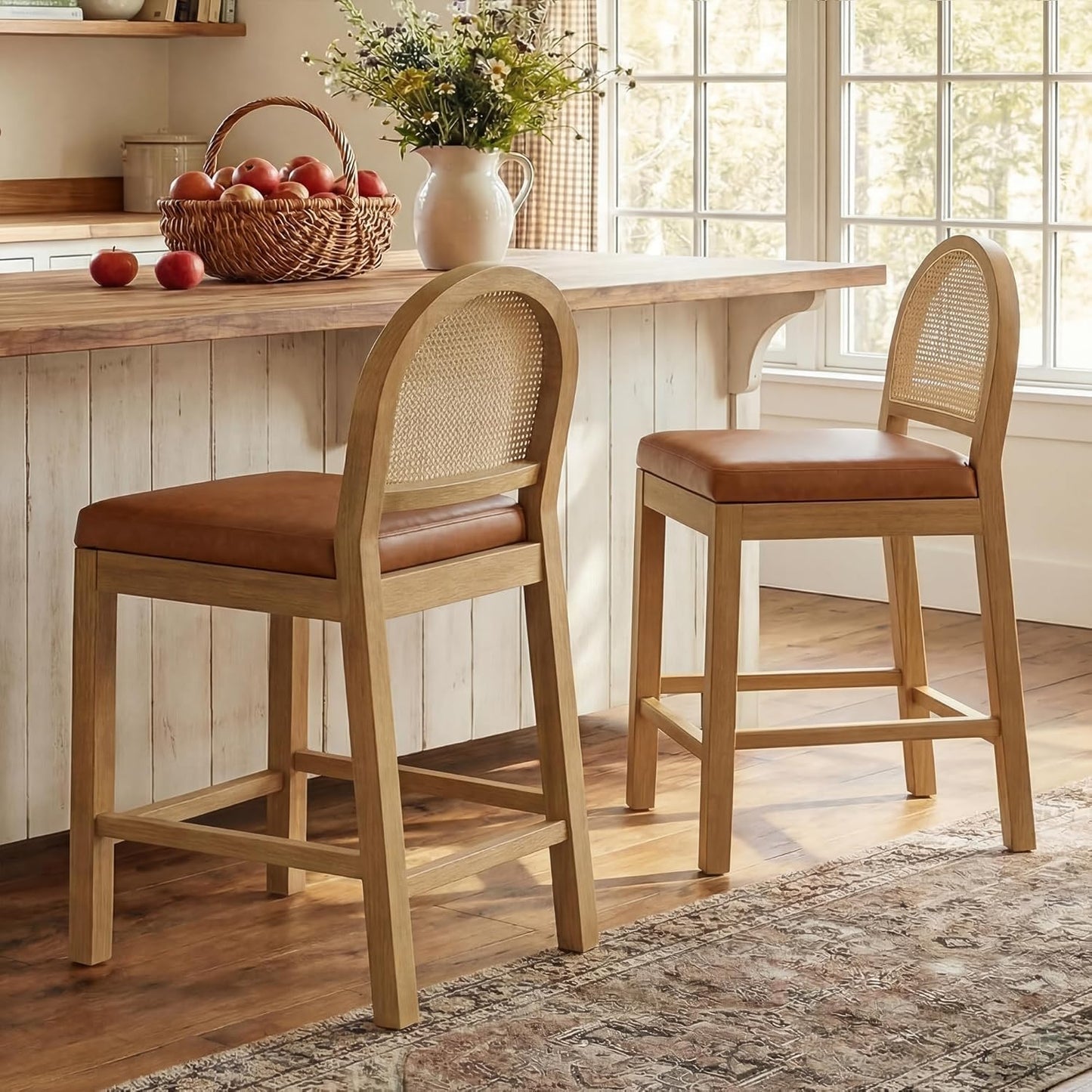 STHOUYN Upholstered Rattan Bar Stools Set of 2, Wooden Island Chairs, Brown