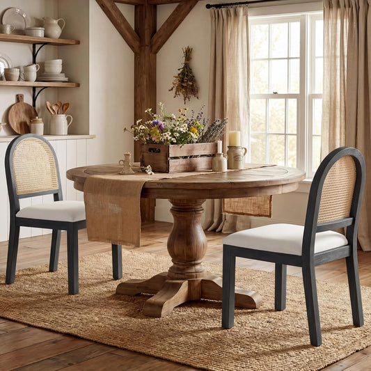 STHOUYN Upholstered Rattan Dining Chairs Set of 2, Farmhouse Solid Wood Dining Room Chair with Natural Rattan Woven Back and Chenille Seat, Mid-Century Modern Wooden Kitchen Chairs (2, Black)
