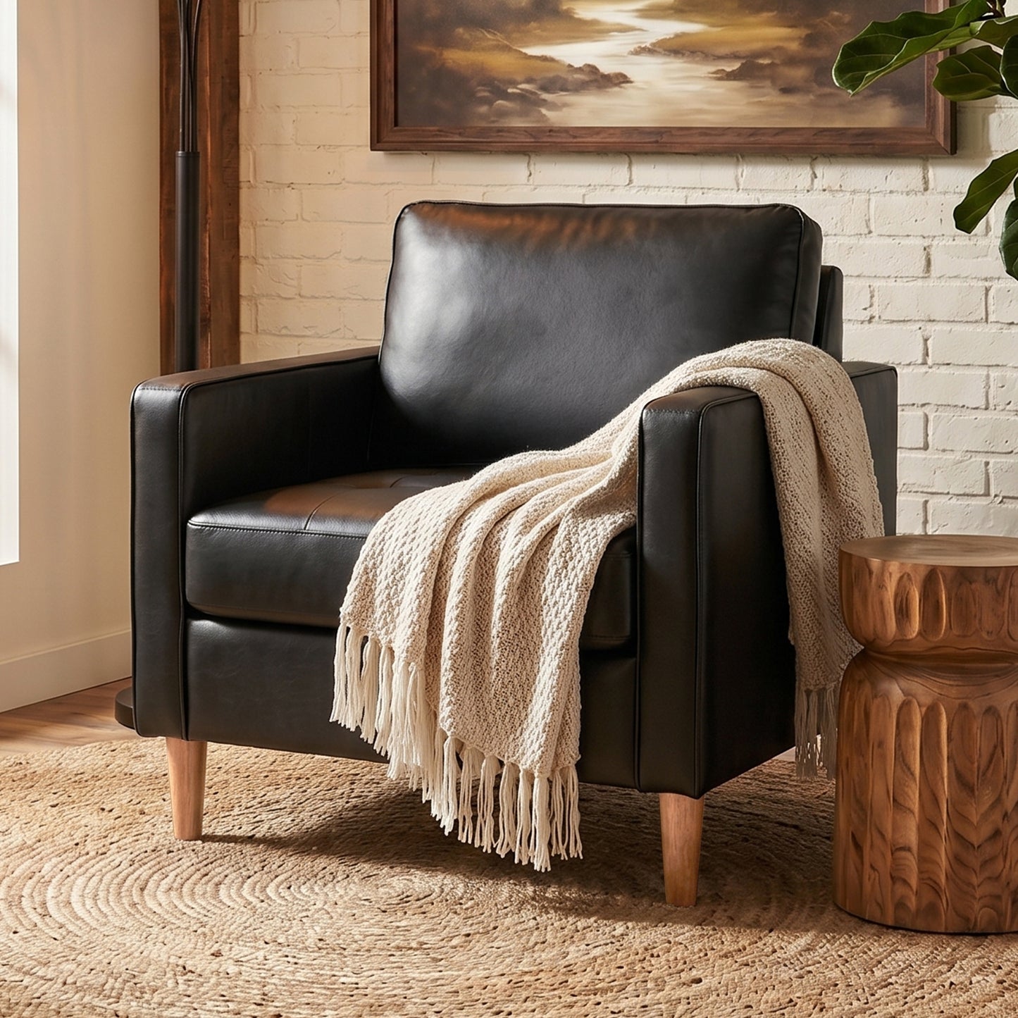 STHOUYN Upholstered Accent Chair, Black Leather Chair with Wooden Legs | Wood Frame, Reading Arm Chair, Mid-Century Modern, Comfy, Living Room, Waiting Room