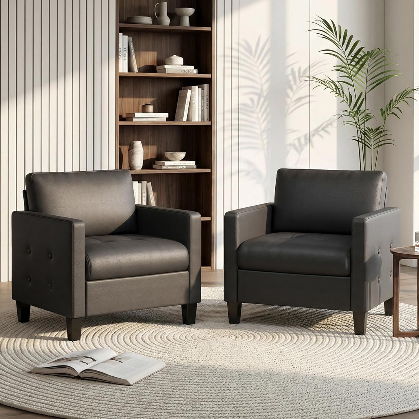 STHOUYN Accent Chairs Set of 2, Black Faux Leather Chair, Mid-Century Modern Living Room Chairs, Cozy Office Reading Chair with Tufted Armrest and Seat, Armchairs for Waiting Room, Bedroom (2)