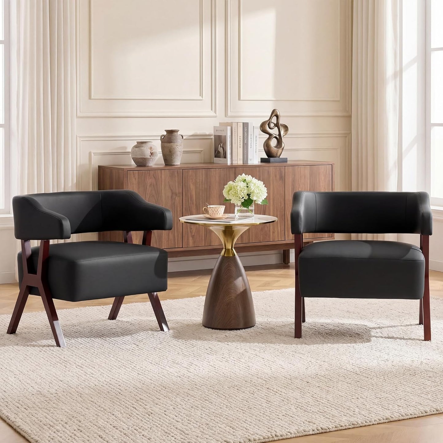 STHOUYN Leather Accent Chairs, Barrel Chair with Solid Wood Frame, Mid-Century Modern Wooden Armchair with Wraparound Back, Comfy Office Reading Chair for Living Room, Bedroom (2, Black)