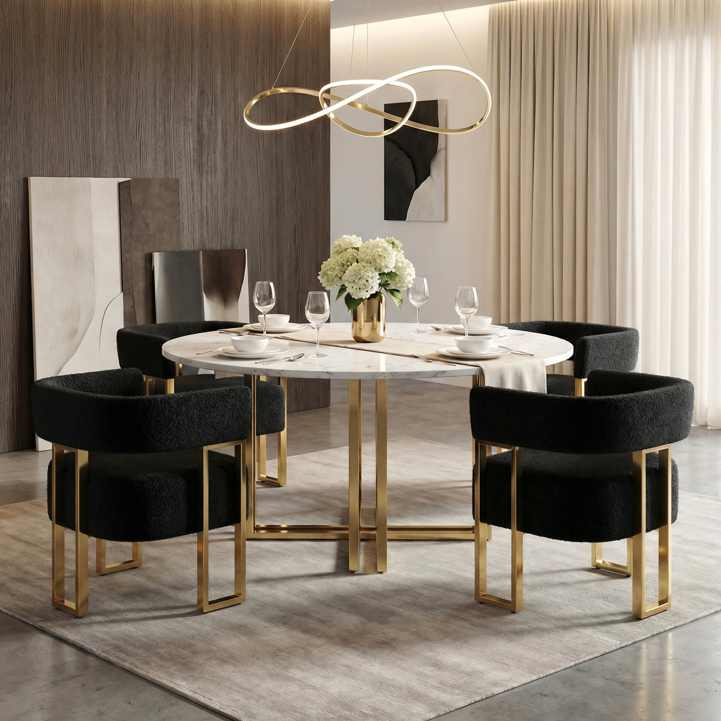 STHOUYN Modern Black Boucle Dining Chairs Set of 4 with Gold Metal Legs, Mid Century Barrel Kitchen Chairs Set, Upholstered Accent Armchairs Dining Room Set, Living Room, Apartment (Black, 4pcs)