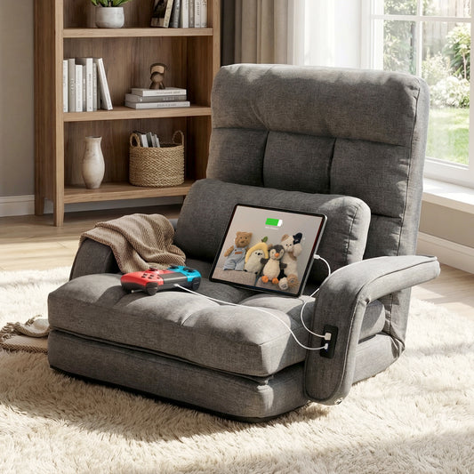 STHOUYN Comfy Floor Chair, Gaming Lounge Couch Chair Bed with 2 USB Charger & 5-Position Adjustable Back, Lazy Folding Sofa Bed, Convertible Sleeper Chair for Living Room, Bedroom, Dorm (Grey)