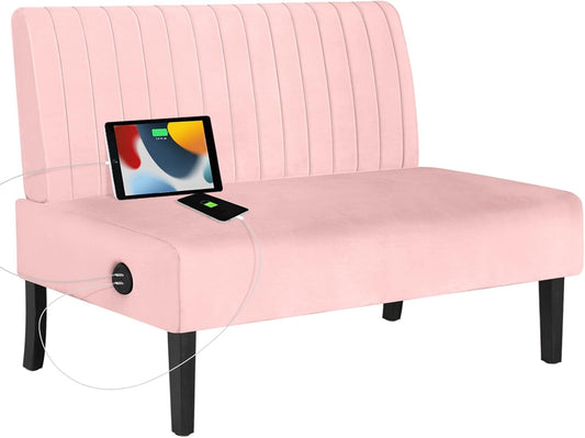 STHOUYN Mini Small Comfy Couch Armless Loveseat Sofa for Bedroom with USB Port, Velvet Small Couches for Small Spaces Living Room, Apartment Office Dorm (Pink)