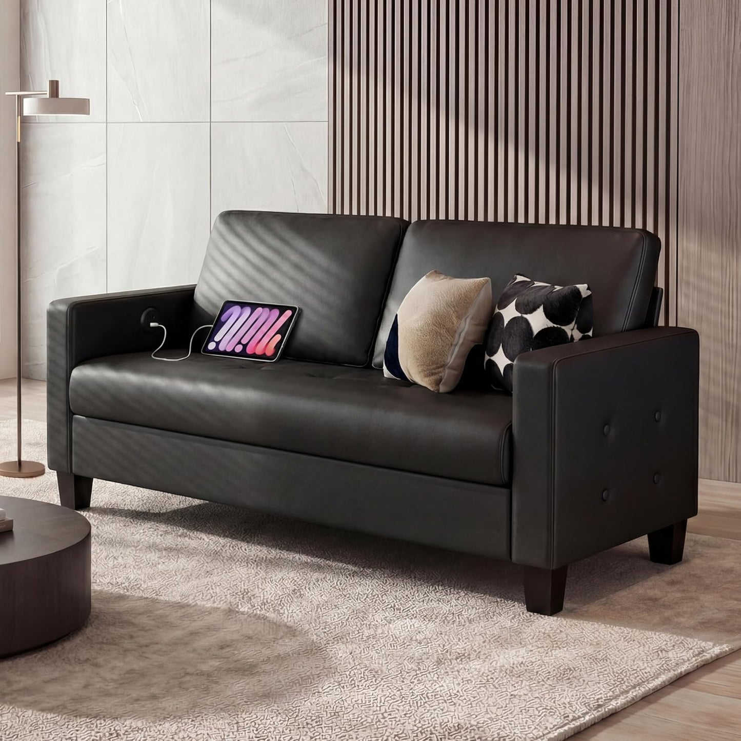 STHOUYN 59" Black Faux Leather Sofa Couch, Modern Comfy Office 2 Seater Loveseat Couch with Tufted Armrest and USB, Small Love Seat Couches for Living Room, Apartment, Bedroom