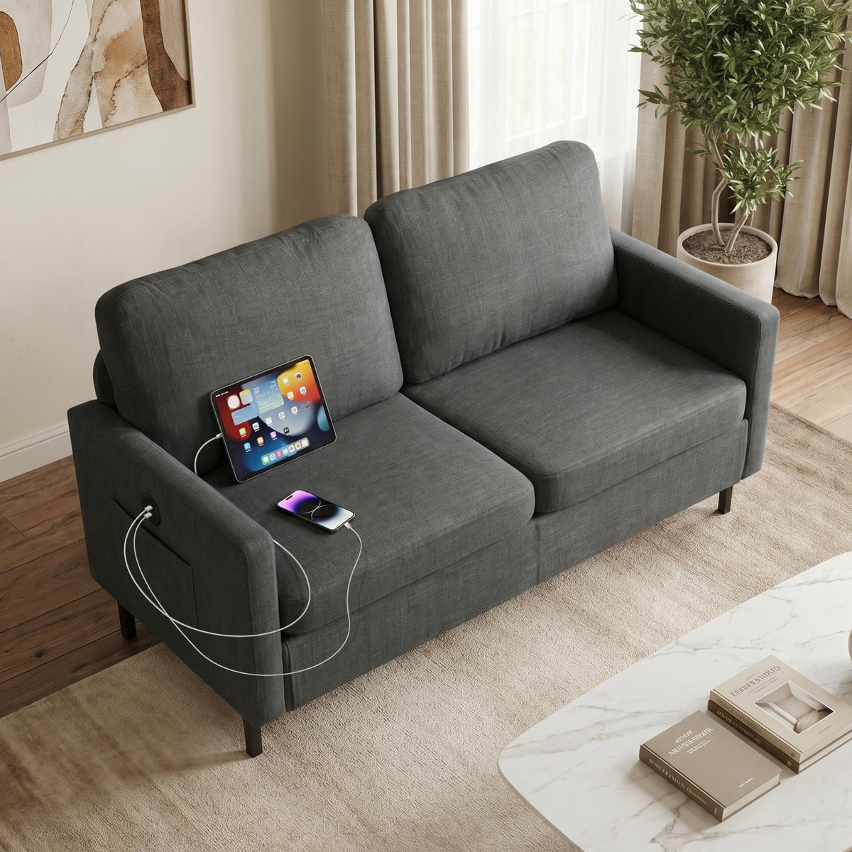 STHOUYN 2 Piece Grey Loveseat Chair, Living Room Couch Set Office Lobby Furniture