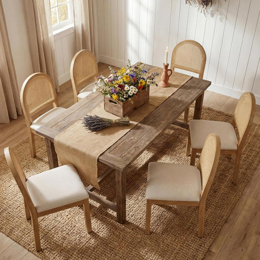 STHOUYN Upholstered Rattan Dining Chairs Set of 6, Farmhouse Solid Wood Dining Room Chair with Natural Rattan Woven Back and Chenille Seat, Mid-Century Modern Wooden Kitchen Chairs (6, Cream White)