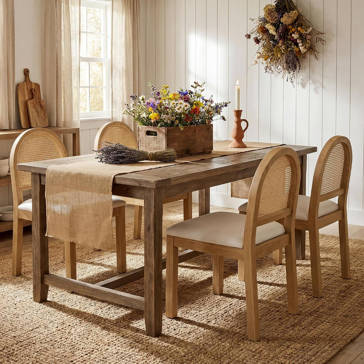 STHOUYN Upholstered Rattan Dining Chairs Set of 4, Farmhouse Wooden Kitchen Chair
