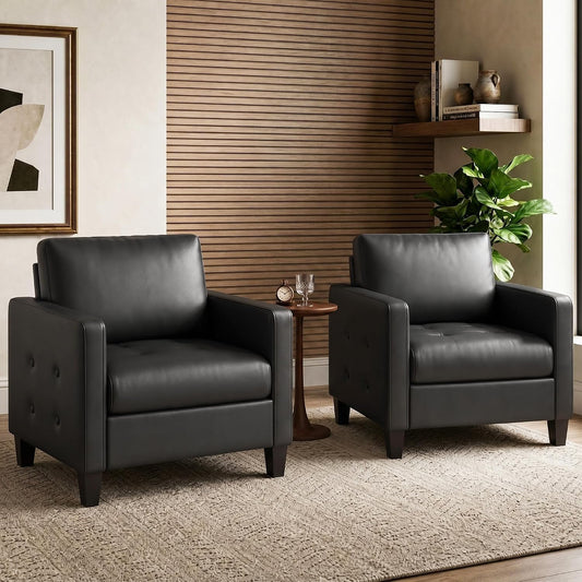 STHOUYN Accent Chairs Set of 2, Faux Leather Living Room Chair, Black, Mid-Century Modern, Tufted Armrest and Seat, Cozy, Office, Reading, Waiting Room, Bedroom