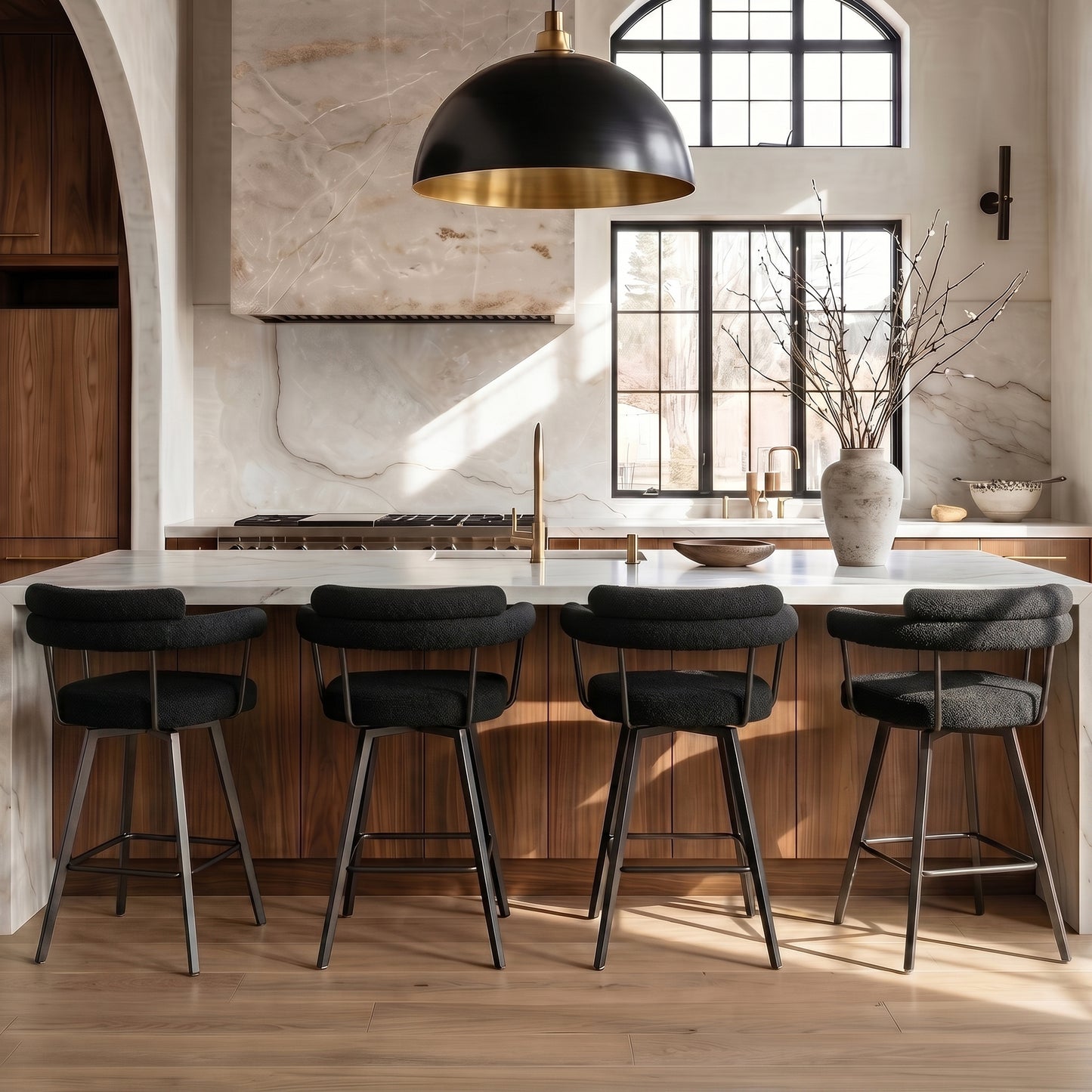 STHOUYN 26” Black Swivel Bar Stools Set of 4, Modern Boucle Counter Height Bar Stools with High Back and Metal Legs, Upholstered Bar Chairs Barstools for Kitchen Island, Dining Room (4, Black)