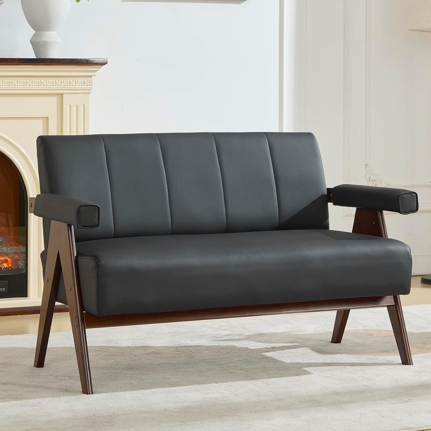 STHOUYN 50" Black Faux Leather Sofa Couch, Small Comfy Office Loveseat with Back, Mid Century Modern Wooden Love Seat Bench Waiting Room Furniture Couches for Living Room, Bedroom