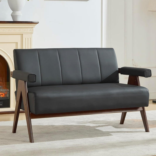 STHOUYN 50" Black Faux Leather Sofa Couch, Small Comfy Office Loveseat with Back, Mid Century Modern Wooden Love Seat Bench Waiting Room Furniture Couches for Living Room, Bedroom