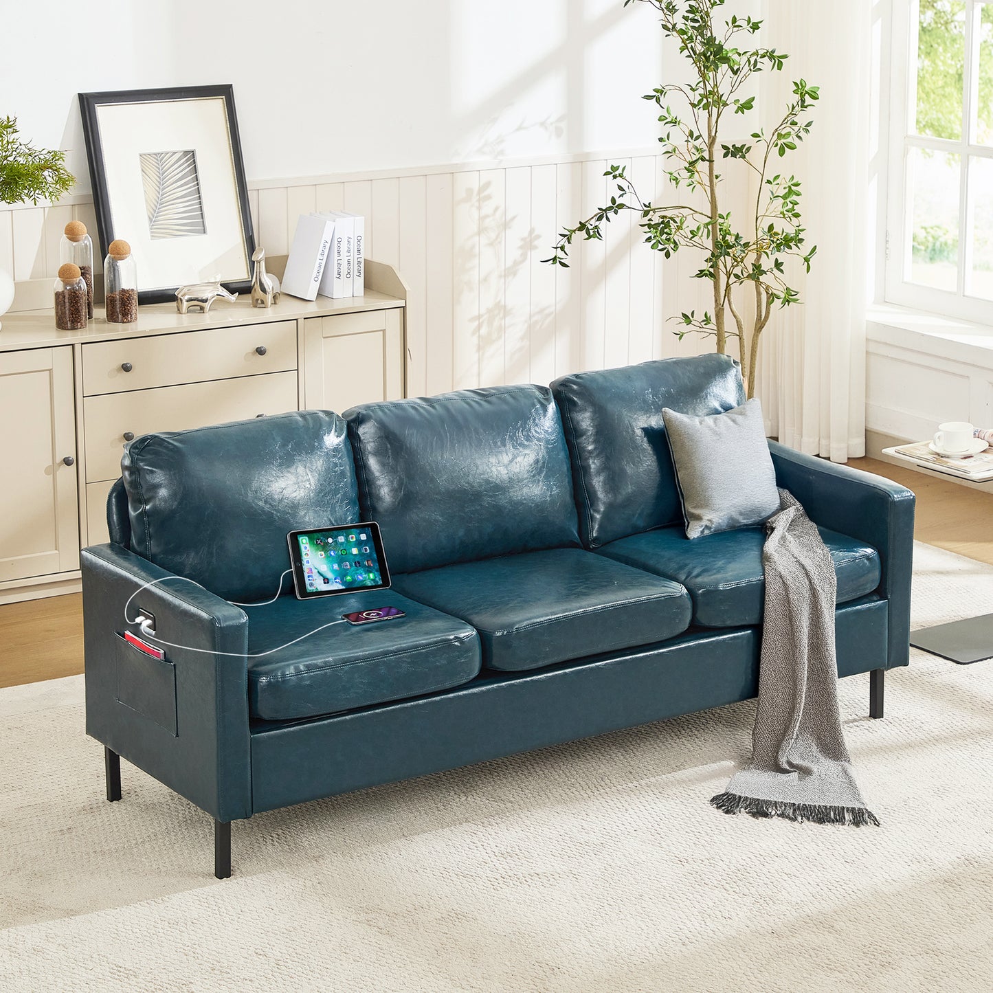 STHOUYN 73" W Faux Leather Couch w/ 2 USB, Leather Sofa w/Side Pockets, Wooden Frame 3 Seat Couch for Livingroom, Office, Appartment (Blue, 3 Seater)
