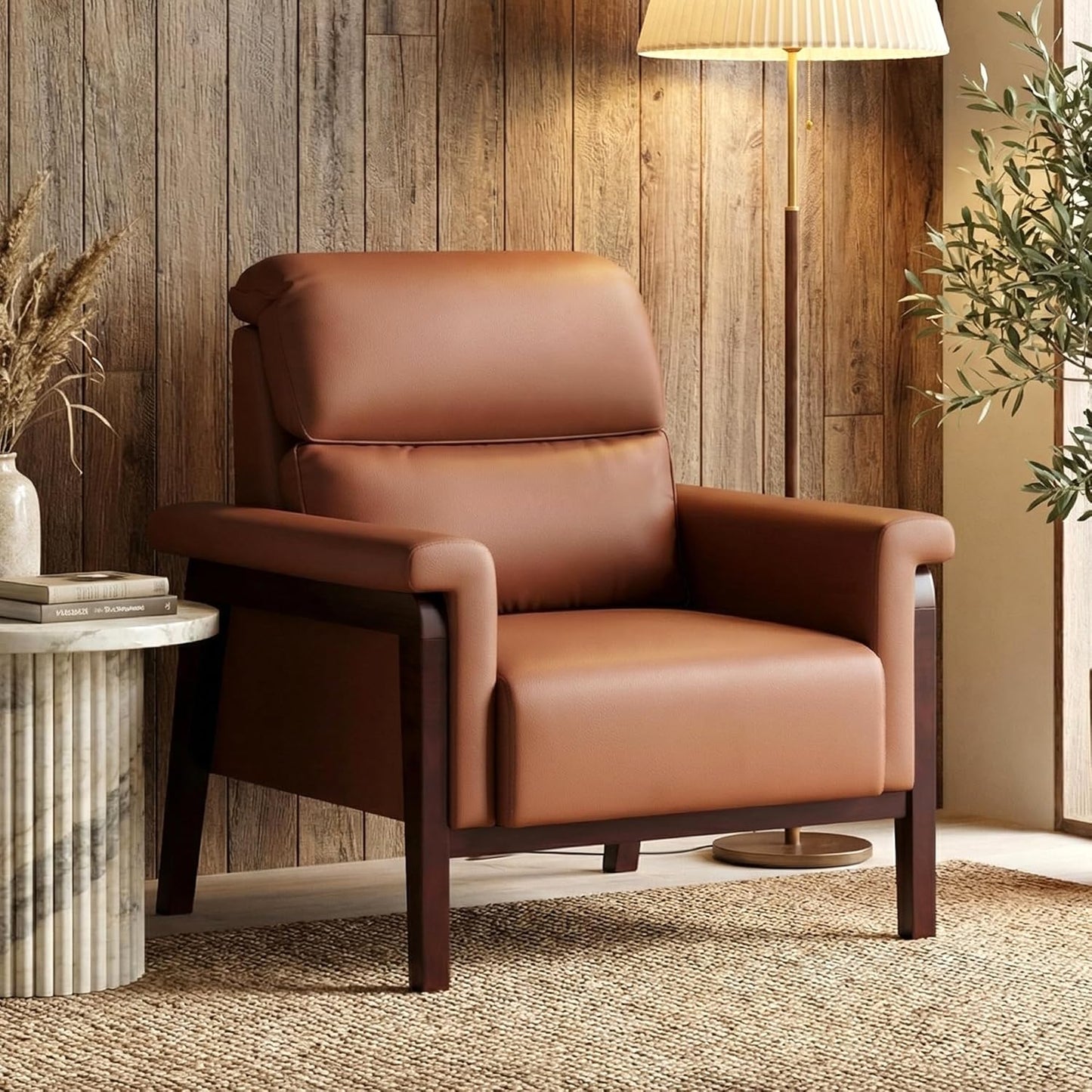 STHOUYN Oversized Leather Accent Chair, Mid Century Modern Office Arm Chair with Solid Wood Legs & High Backrest, Comfy Upholstered Side Sofa Chair for Living Room, Waiting Room, Bedroom (1, Brown)