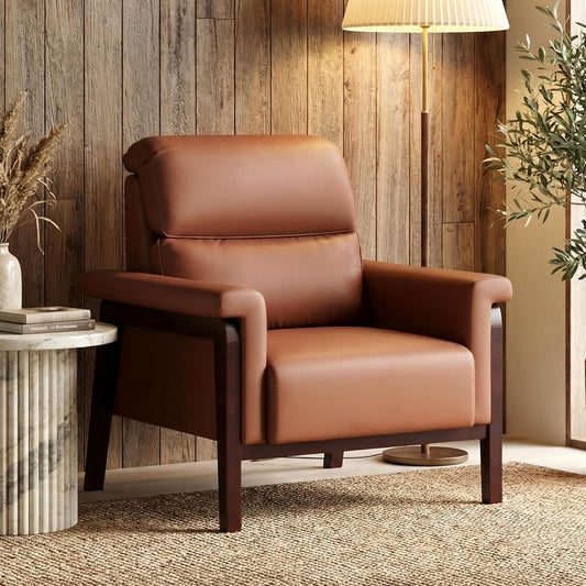 STHOUYN Oversized Leather Accent Chair, Mid Century Modern Office Arm Chair with Solid Wood Legs & High Backrest, Comfy Upholstered Side Sofa Chair for Living Room, Waiting Room, Bedroom (1, Brown)