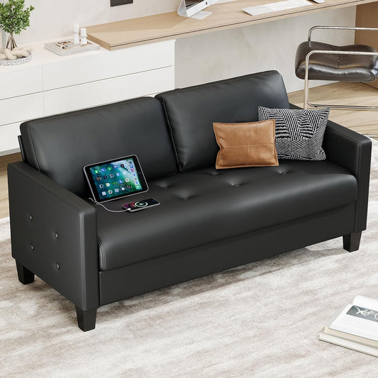 STHOUYN 59” Black Faux Leather Sofa Couch, Modern Comfy Office 2 Seater Couch Loveseat with USB & Tufted Armrest, Small Love Seat Couches for Living Room, Bedroom, Apartment