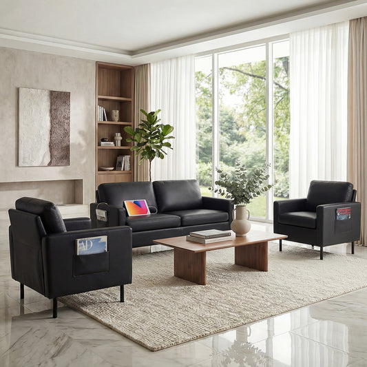 Modern 3-Piece Living Room Set, 56" Faux Leather Couch Set with USB Ports, Office Couch and Chairs for Small Space, Apartment Sofa and Loveseat Set (Black, 2 Chairs + 1 Loveseat)