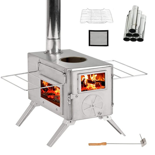 Coewske Camping Stove Portable Hot Tent Stove with Pipe for Outdoor Cooking Trips, Silver