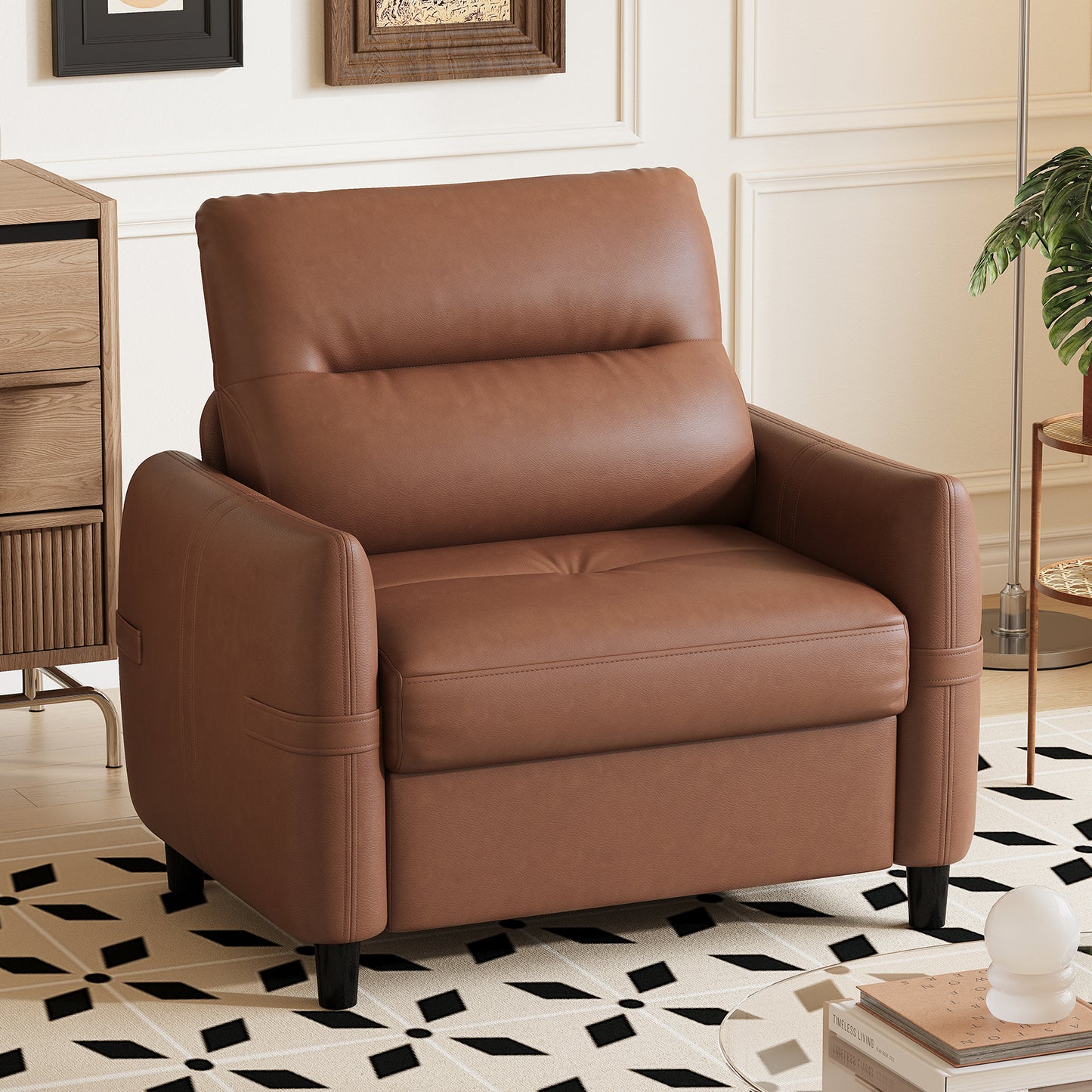 STHOUYN Oversized Leather Accent Chairs for Living Room, Comfy Upholstered Deep Seat Armchair for Adults, Mid Century Modern Arm Chair for Office, Bedroom, Apartment, Reading & Waiting Room (1, Brown)