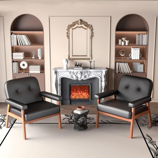 JIASTING Faux Leather Black Accent Chairs Set of 2 for Office, Mid Century Modern Waiting Room Chairs, Small Comfy Arm Chairs Set of 2 for Small Spaces, Living Room, Bedroom (2)