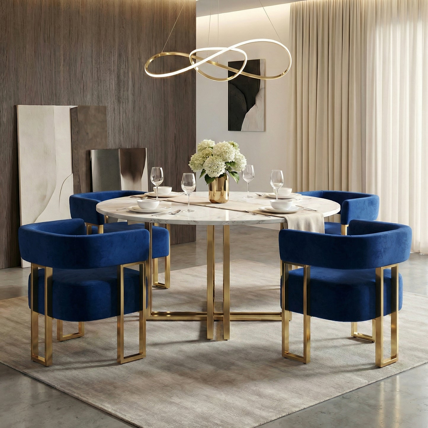 STHOUYN Modern Blue Velvet Dining Chairs Set of 4 with Gold Metal Legs, Mid Century Barrel Kitchen Chairs Set, Upholstered Accent Armchairs Dining Room Table Set, Living Room, Apartment (Blue, 4pcs)