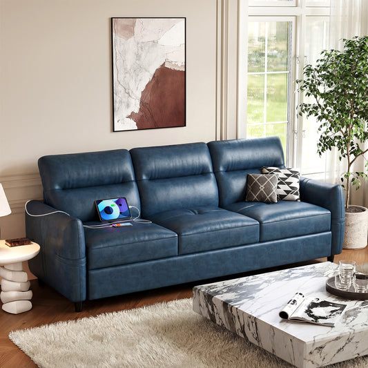 STHOUYN 85” Blue Faux Leather Couch with USB, 3 Seater Couch for Living Room, Large Mid Century Modern Office Sofa for Apartment, Bedroom