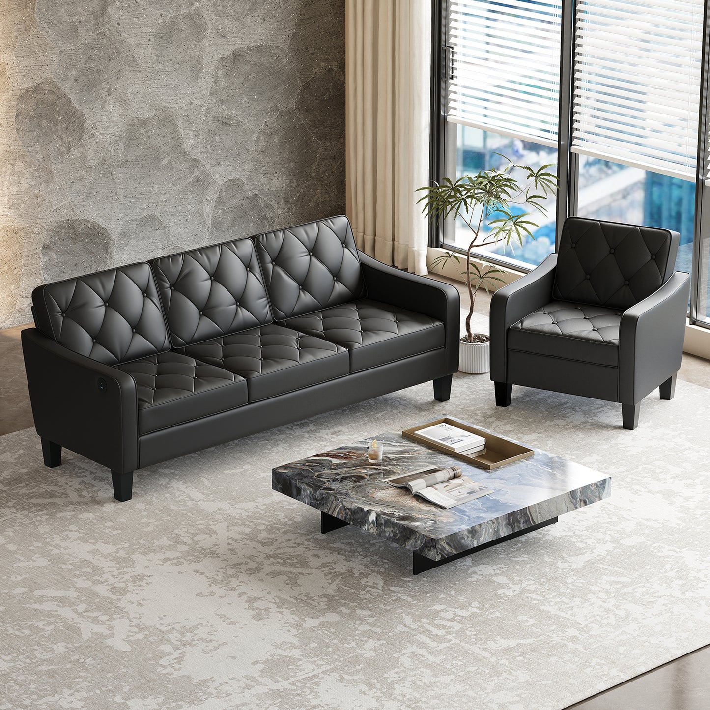 83” Black Faux Leather Couches for Living Room, Comfy 3 Seater Couch, Mid Century Sofa with Tufted Design, Office, or Waiting Area (Black) (Black Leather) (Black (Leather))