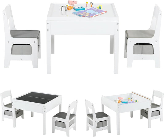 Coewske Kids Table & Chair Set 4 in 1 Wooden Activity Table w/ Storage Drawers Detachable Blackboard