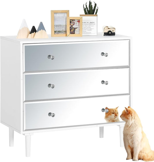 STHOUYN 3 Chest of Drawers for Bedroom Wood, White Mirrored Dresser 3 Drawer for Bedroom, Small Modern Dresser for Closet Living Room (White)