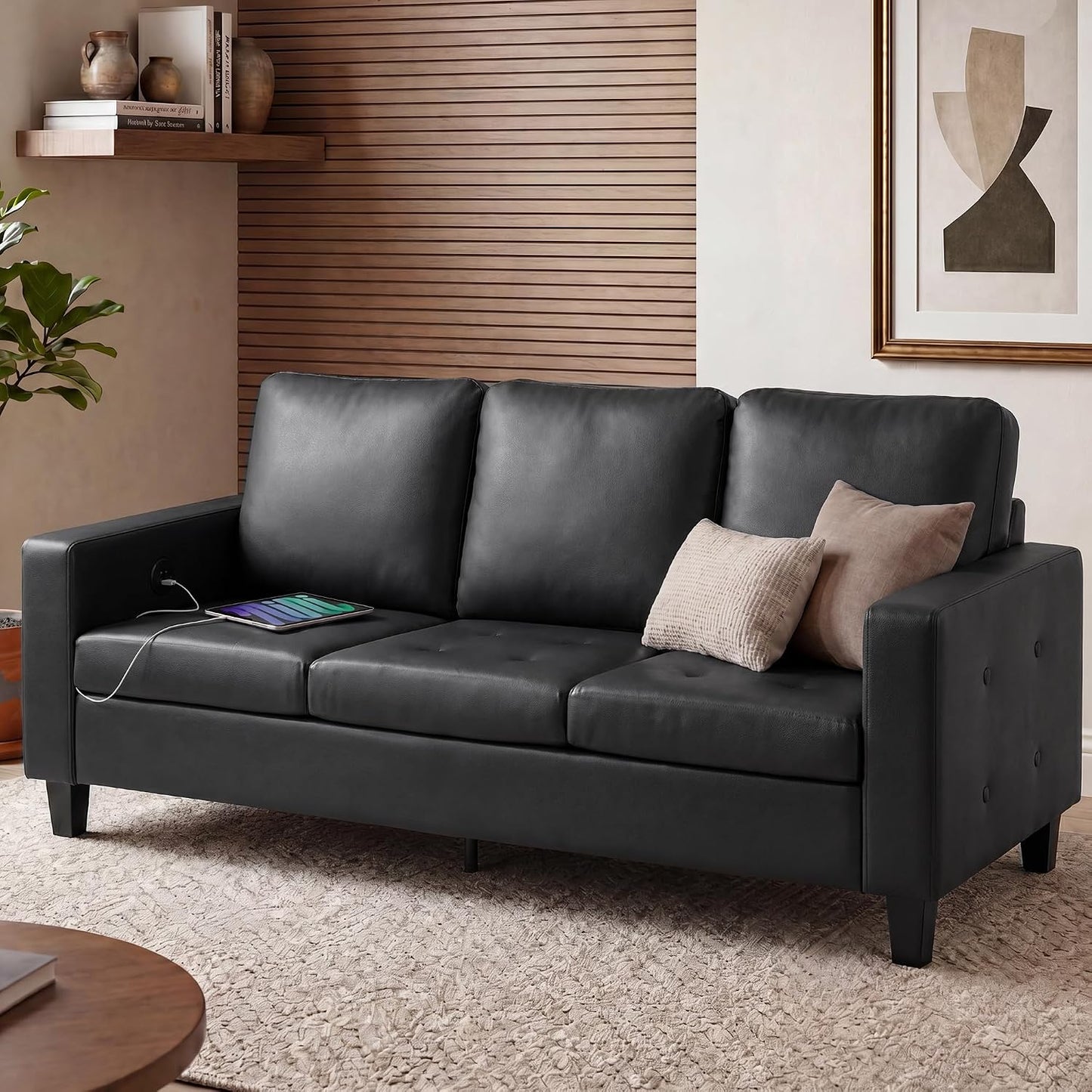 73” Black Faux Leather Couch, Comfy 3 Seater Sofa | STHOUYN, Modern, Tufted Armrest, USB Charger, Small, Living Room, Office, Apartment, Bedroom