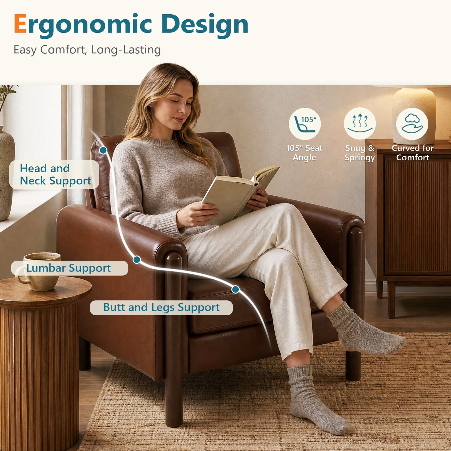 STHOUYN 35" Brown Leather Oversized Accent Chair Set of 2 with Wood Armrests, Mid-Century Modern Tufted Living Room Chair, Comfy Reading Chair with Lumbar Support & Thick Cushion Waiting Room Office
