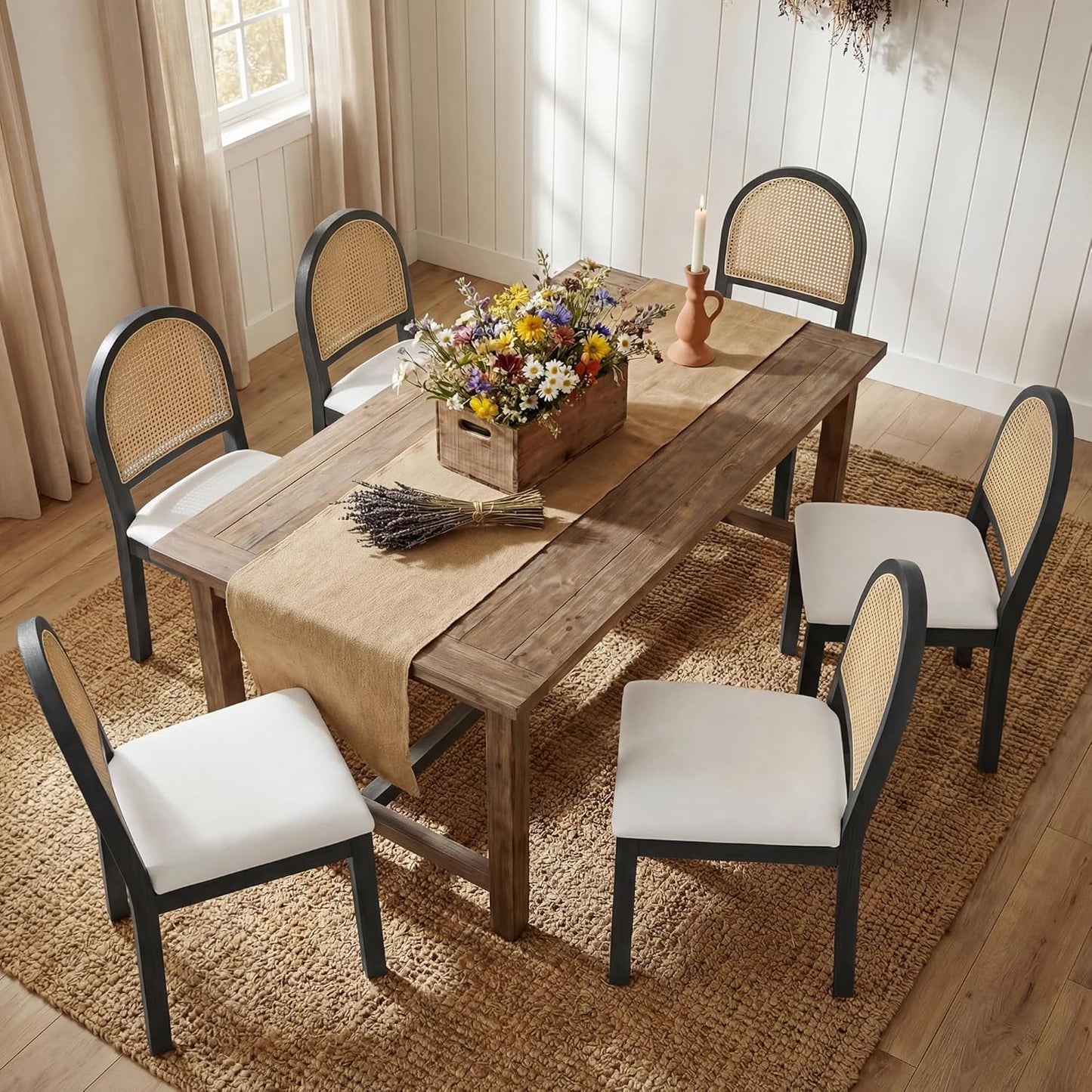 STHOUYN Upholstered Rattan Dining Chairs Set of 6, Farmhouse Solid Wood Dining Room Chair with Natural Rattan Woven Back and Chenille Seat, Mid-Century Modern Wooden Kitchen Chairs (6, Black)