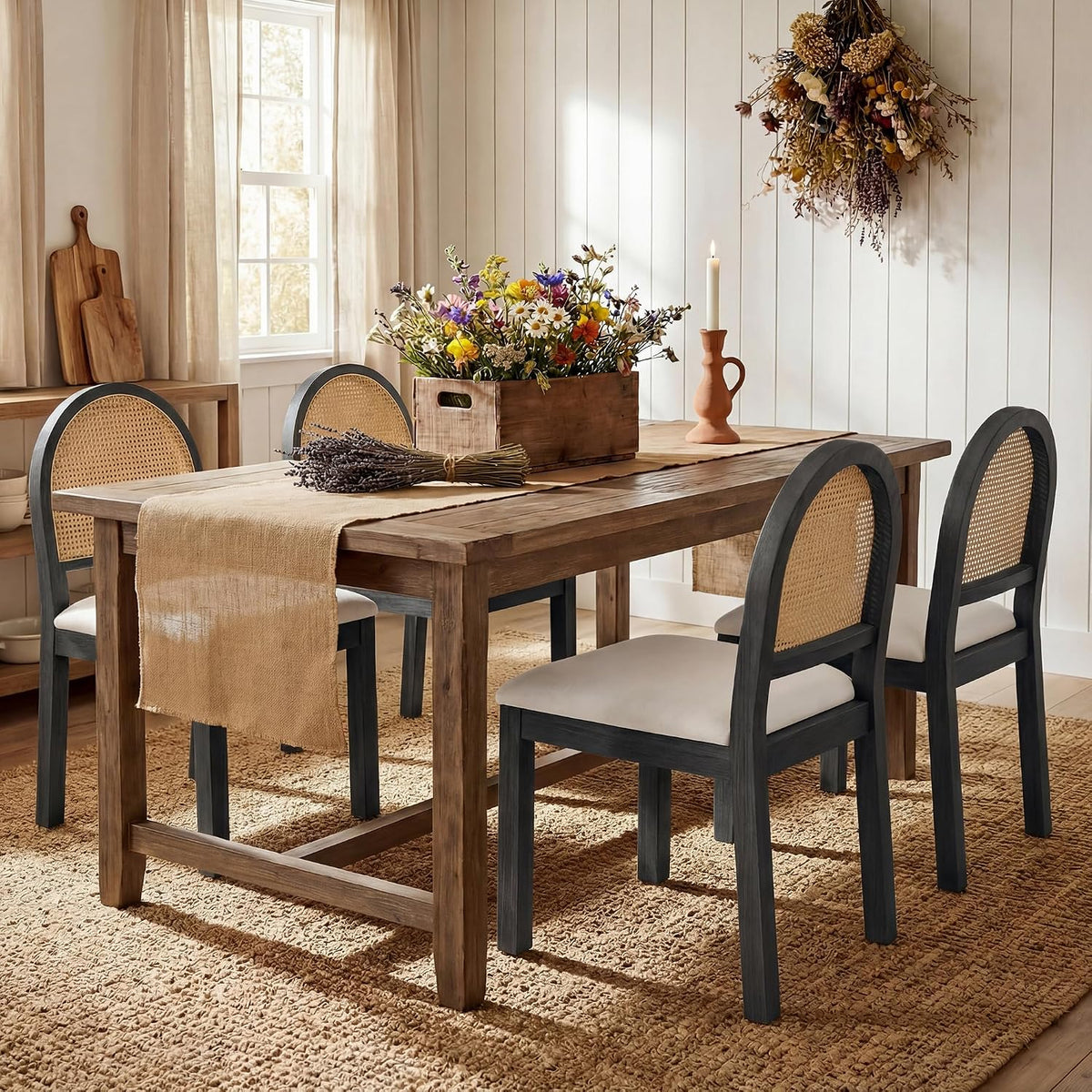STHOUYN Upholstered Rattan Dining Chairs Set of 4, Farmhouse Wooden Kitchen Chairs