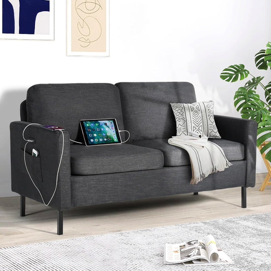 STHOUYN 56" W Fabric Love Seat Couches w/2 USB, Small Couches for Small Spaces w/ 2 Side Pocket, 2 Seat Loveseat Mini Couch for Office, Dorm, Bedroom