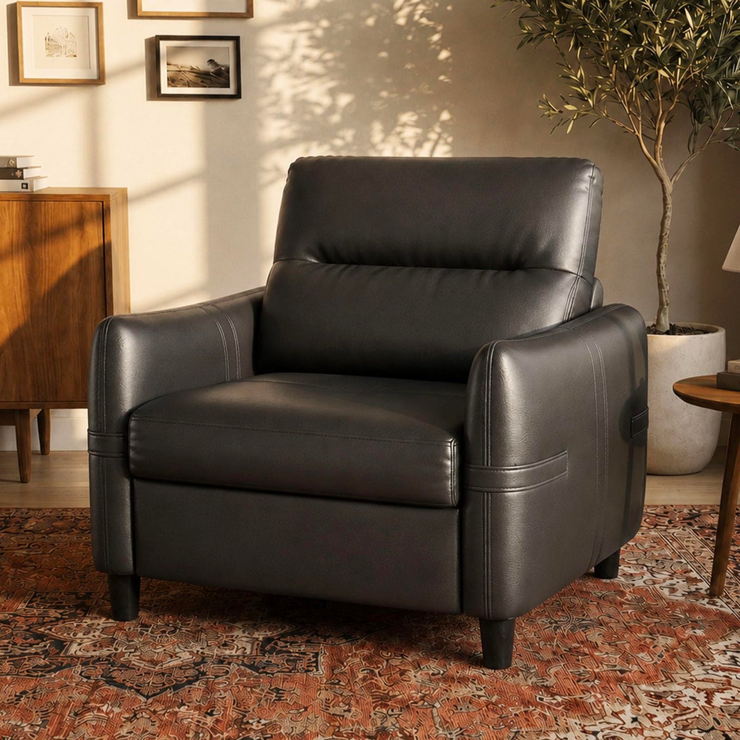 Black Leather Accent Chair, Oversized Seat Armchair for Living Room Office, STHOUYN, Faux Leather Upholstery, Comfy Reading Chair, Mid-Century Modern, Wide Armchair, Bedroom, Apartment, Waiting Room