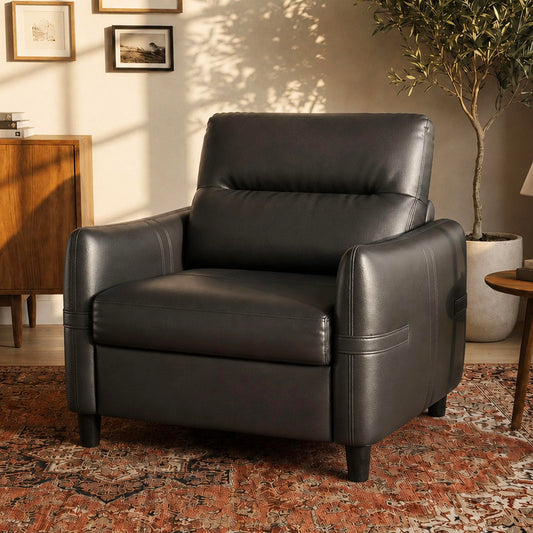 Black Leather Accent Chair, Oversized Seat Armchair for Living Room Office, STHOUYN, Faux Leather Upholstery, Comfy Reading Chair, Mid-Century Modern, Wide Armchair, Bedroom, Apartment, Waiting Room