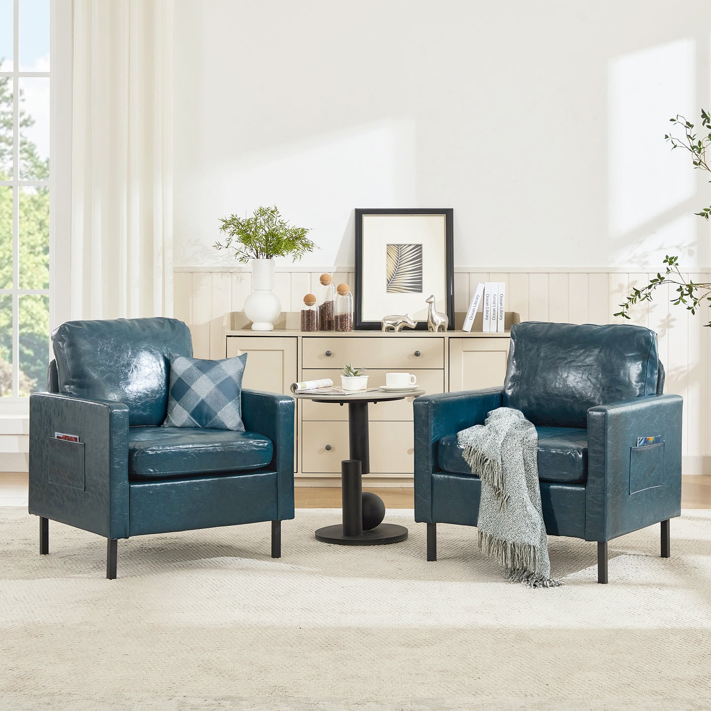 STHOUYN Accent Chairs Set of 2 w/Side Pockets, Faux Leather Chairs w/Wooden Frame, Mid Century Modern Reading Chair for Office, Armchairs for Living Room, Dorm, Apartment (2, Blue)