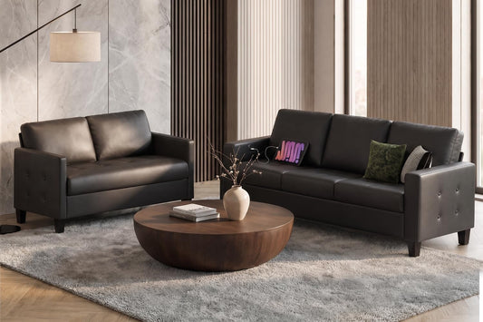 Black Faux Leather 3 Seater Sofa and Loveseat, Furniture Set (3+2)