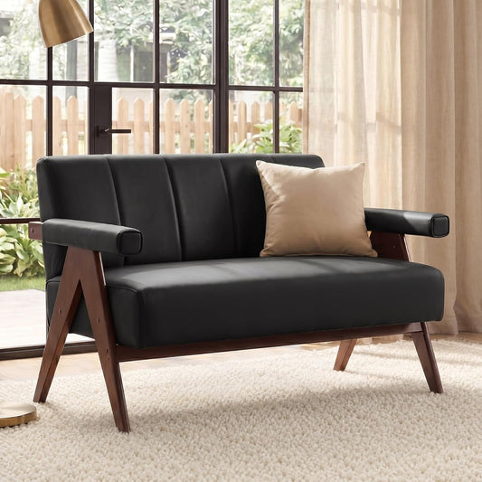 50" Small Black Faux Leather Sofa Couch, Wooden Office Loveseat, STHOUYN, Comfy, Mid Century Modern, Love Seat Bench, Waiting Room, Living Room, Bedroom